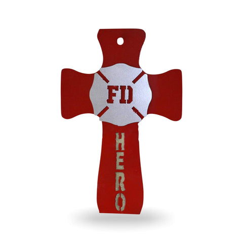 Fire Fighter Wall Hanging Cross - FD Fire Department Emblem Hero Inscribed Decorative Family Crosses Wall Decor - Simple Cross for Wall with Firefighter Emblem - Crucifix Wall Cross Modern