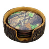 Pine Ridge Green Camouflage 4pc Coaster Set and Tree Trunk Holder Drink Coasters with Base for the Man Cave Decor Hunting Cabin Dining Furniture Gun Shop Décor