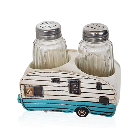 Pine Ridge Camper Salt and Pepper Shaker Set - Two Glass Shakers, Camper Holder Caddy For Spices And Seasonings, For Kitchen, Camping, Dining Or Table Decor
