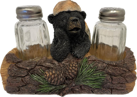 Pine Ridge Black Bear Salt And Pepper Shaker Set - Two Glass Shakers, Bear Holder Caddy For Spices And Seasonings, For Kitchen, Camping, Dining Or Table Decor