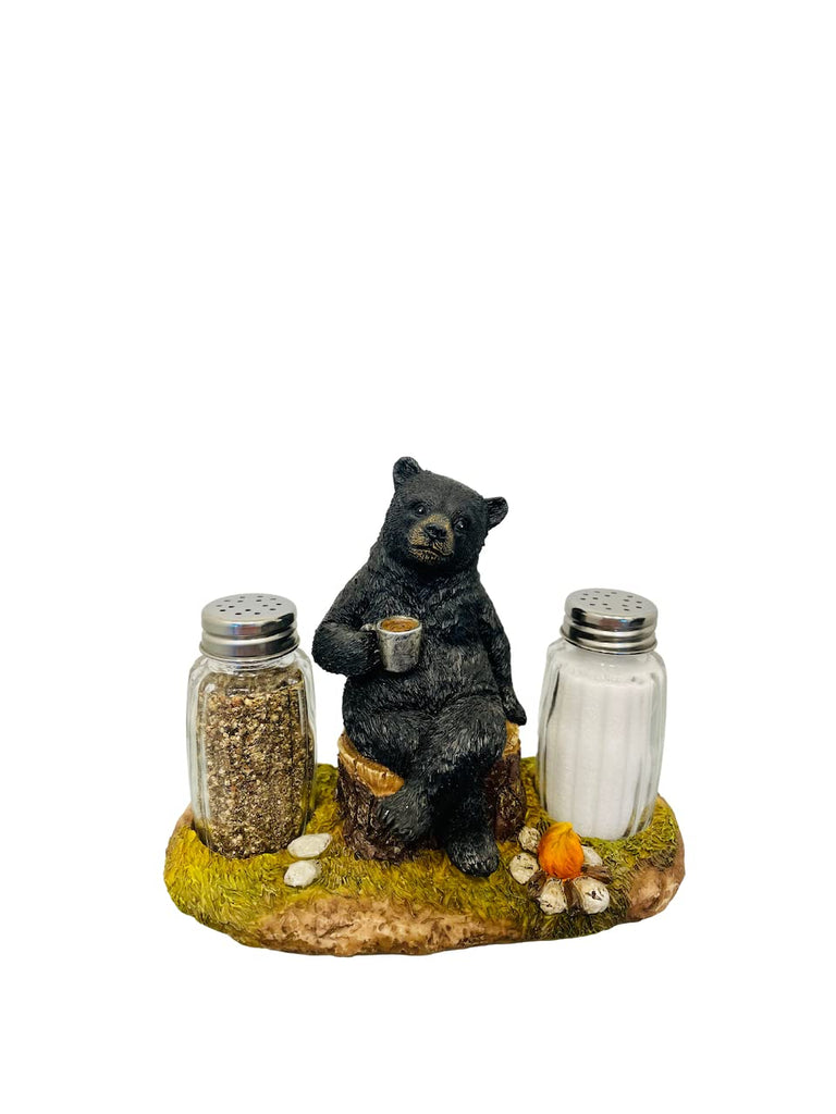 Pine Ridge Coffee Bear Salt And Pepper Shaker Set - Two Glass Shakers, Bear By Campfire Holder Caddy For Spices And Seasonings, For Kitchen, Cabin, Dining Or Table Décor