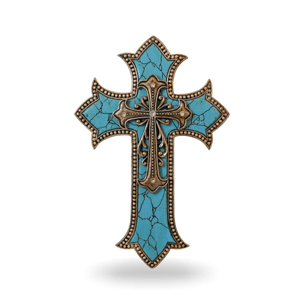 Turquoise Cross Wall Decor Home - Decorative Family Crosses Wall Decor - Pretty Crosses for Wall - Made in Polyresin Religious Wall Art Cross - Crucifix Wall Cross Modern (11 1/2