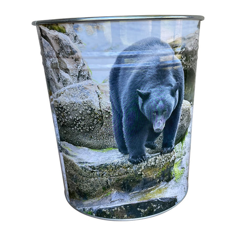 Pine Ridge Bear at Stream Wastebasket - Round Metal Open Top Small Trash Can for Office, Living Room, Kitchen, Bathroom, Dorm, Garages, Bedroom and Compact Spaces