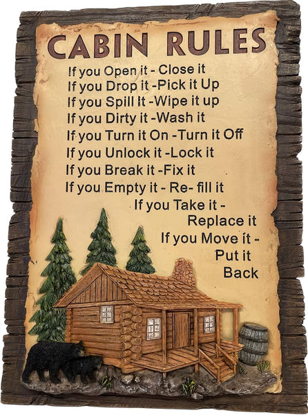 Pine Ridge Cabin Rules Plaque - Black Bear Decorations For Cabin, Cute Wall Hangings For Cabin Black Bear Decor, Funny Cabin Signs