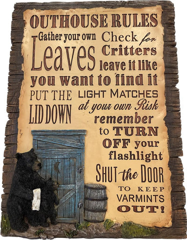 Pine Ridge Outhouse Rules Plaque - Black Bear Decorations For Cabin, Cute Wall Hangings For Cabin Black Bear Decor, Funny Cabin Signs