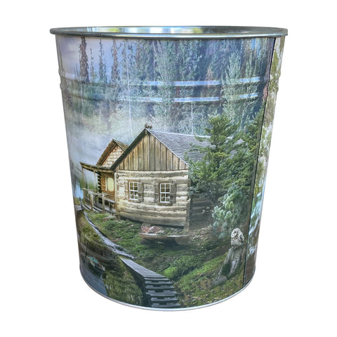 Pine Ridge Cabin Wastebasket - Round Metal Open Top Small Trash Can For Offices, Living Rooms, Kitchens, Bathrooms, Dorms, Bedrooms and Compact Spaces
