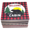 Pine Ridge Black Bear Buffalo Plaid Coasters for Drinks - Welcome to the Cabin and Don't Wake the Bear Design with Cork Pads Coaster Set of 6