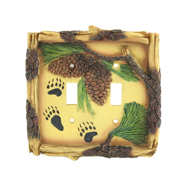 Pine Ridge Bear Paw Tracks with Pinecones Double Switch Plate Realistic Hand-Painted and Crafted with Mounting screws Great For Lodge and Cabin Decor