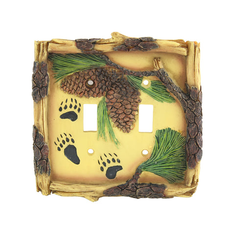 Pine Ridge Bear Paw Tracks with Pinecones Double Switch Plate Realistic Hand-Painted and Crafted with Mounting screws Great For Lodge and Cabin Decor