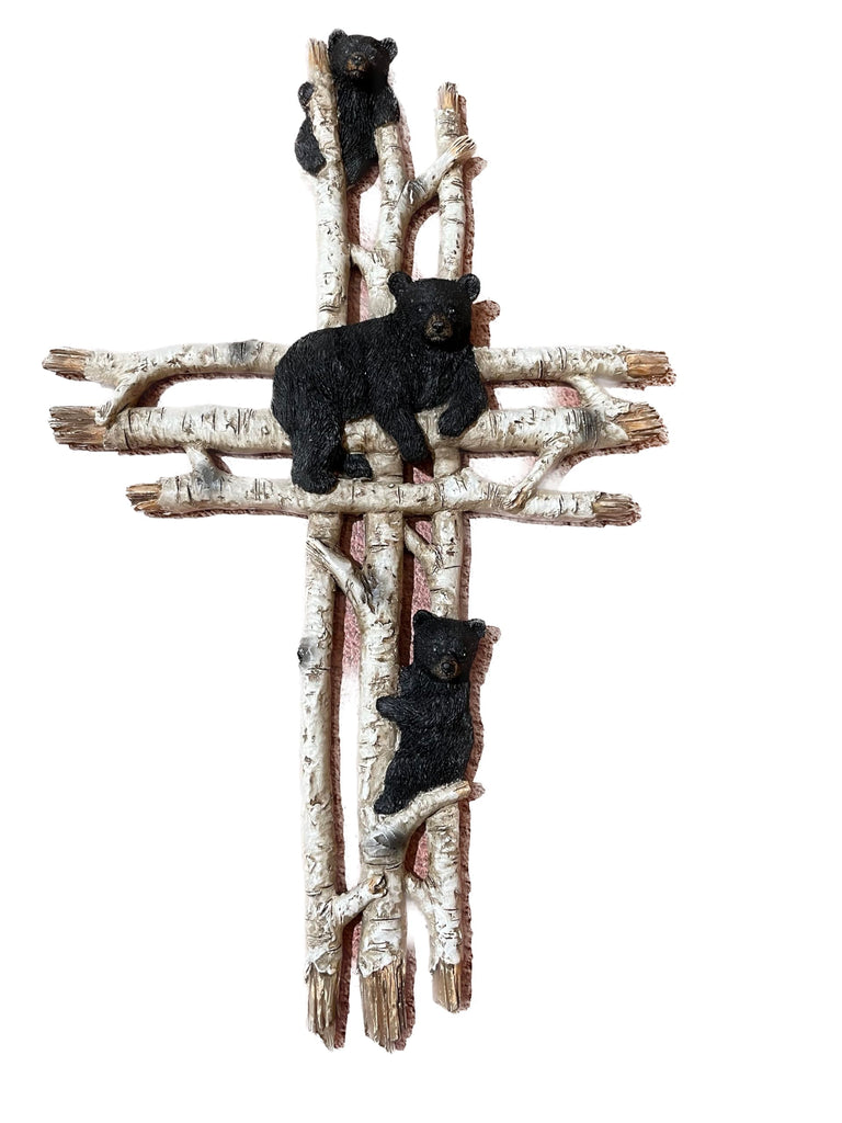 Pine Ridge Bear Family Wall Cross for Cabin Decor - Rustic Birch Wood Wall Art with Cute Black Bears - 11.75 x 7.25 Inches, Great Black Bear Decor for Cabin, Cute Nursery Wall Decor
