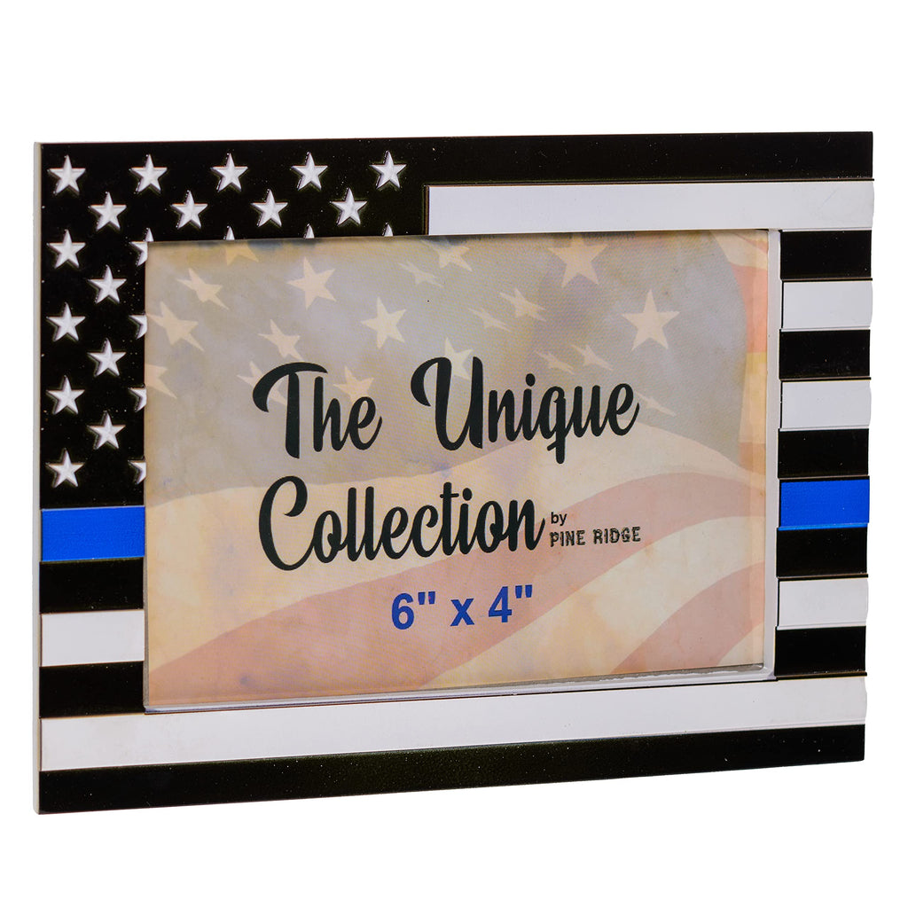 Pine Ridge American Flag Blue Line Photo Frame, US Patriotic Tabletop Family Picture Frame for Army, Veterans, Police, Soldiers Home Decor