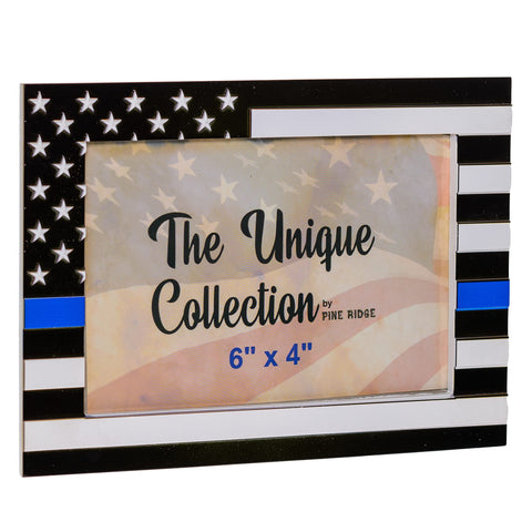 Pine Ridge American Flag Blue Line Photo Frame, US Patriotic Tabletop Family Picture Frame for Army, Veterans, Police, Soldiers Home Decor