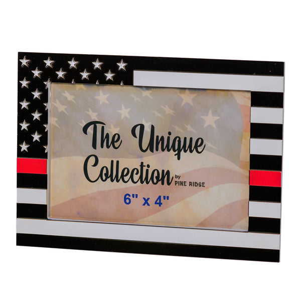 Pine Ridge American Flag Red Line Photo Frame, US Patriotic Tabletop Family Picture Frame for Army, Veterans, Police, Soldiers Home Decor