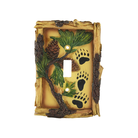 Pine Ridge Bear Paw track with Pinecones Single Light Switch Plate Realistic Hand-Painted and Crafted with Mounting screws Great For Lodge and Cabin Decor