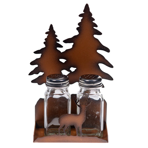 Pine Ridge Deer And Pine Salt And Pepper Shakers Holder, Metal Rustic Condiments Holder Kitchen Accessories