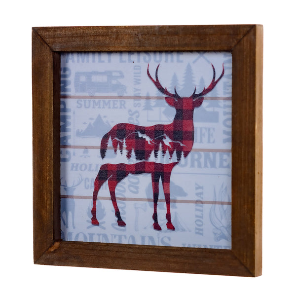 Pine Ridge Plaid Deer Framed Wall Art - Modern Rustic Wood Frame, Home Decor For Living Room, Bedroom, Or Cabin, 7.75 Inches