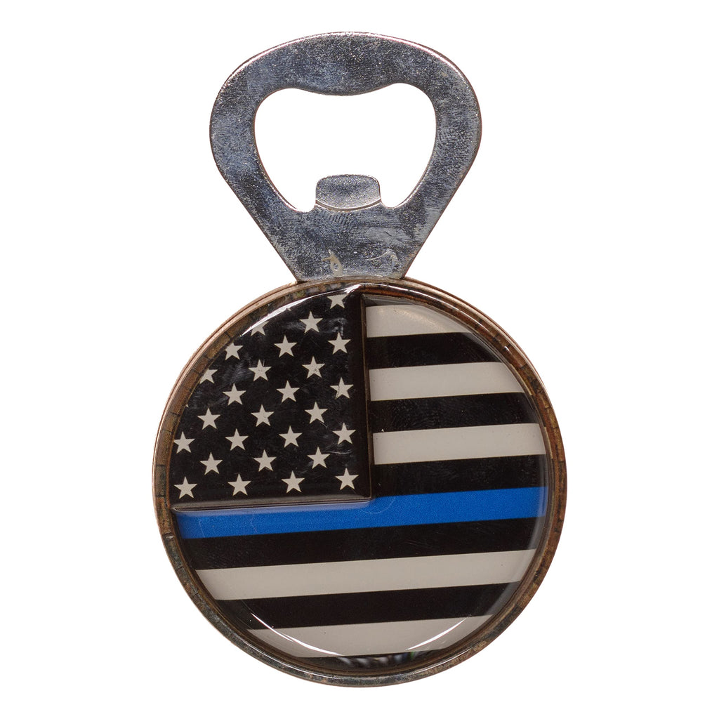Pine Ridge American Flag Blue Line Beer Bottle Opener, Round Patriotic Kitchen Accessory Refrigerator Magnet