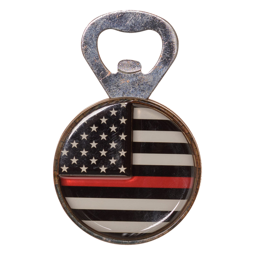 Pine Ridge American Flag Red Line Beer Bottle Opener, Round Patriotic Kitchen Accessory Refrigerator Magnet