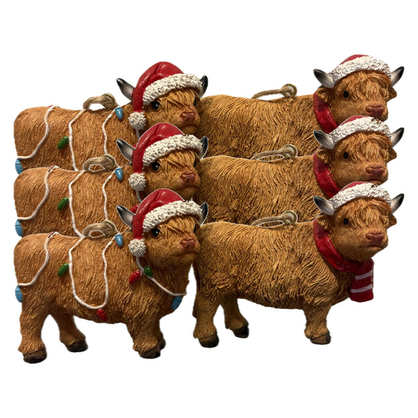 Pine Ridge Highland Cow Ornaments Set of 6 - Farmhouse Decor for Christmas, Highland Cow Decor, Farm Animal Tree Ornaments, Highland Cow Christmas Decor, 2 of Each Cow Design