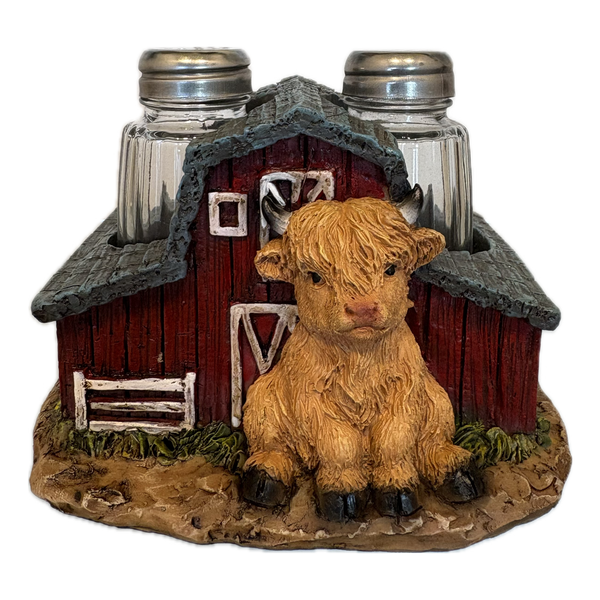 Pine Ridge Highland Cow Salt and Pepper Shaker Set – Farm Animal Kitchen Decor, Rustic Farmhouse Tabletop Seasoning Holder with 2 Glass Shakers, Cute Cow Caddy for Dining, Camping & Home Decor