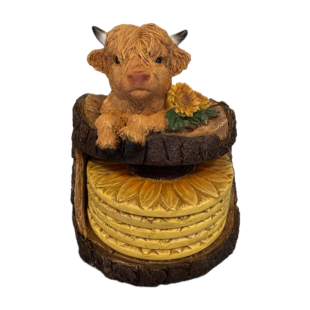 Pine Ridge Highland Cow Coasters Set – Farm Animal Drink Coasters with Holder, Rustic Farmhouse Bar Decor & Home Accessories for Dining Room, Coffee Table, or Home Bar