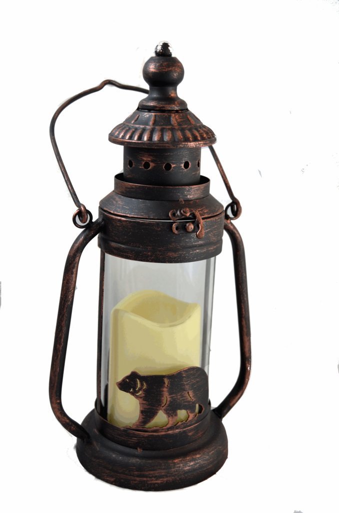 Bear LED Candle Lantern Lights Decorative - Metal Round Holder Tabletop & Hanging Lantern for Indoor Outdoor by Pine Ridge | 3AAA Rechargeable Battery Operated | Flameless Decor Halloween & Christmas
