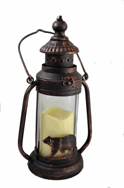 Bear LED Candle Lantern Lights Decorative - Metal Round Holder Tabletop & Hanging Lantern for Indoor Outdoor by Pine Ridge | 3AAA Rechargeable Battery Operated | Flameless Decor Halloween & Christmas