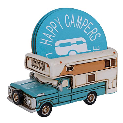 Happy Camper Car Coaster Set - Truck RV Coasters for Drinks Rustic Home Decor Living Room - Table Coasters Set Dining Room Decor and Accessories - Home Bar Decor Camp Coasters