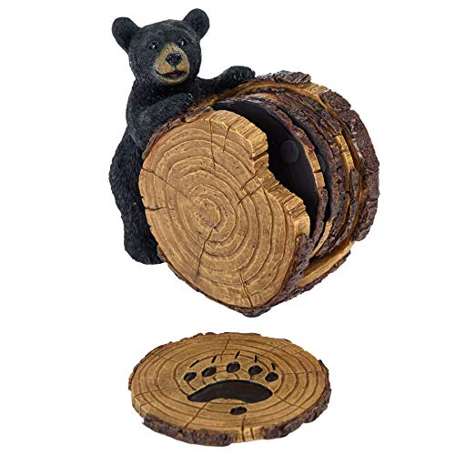 Black Bear Stump Coaster Set - Bear Cabin Decor Coasters for Drinks Set of 5 - Bear Gifts for Women Coasters and Holder - Birthday Gifts Kitchen Home Decor for Dining Room