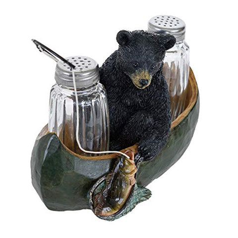 Glass Salt and Pepper Shakers - Fishing Canoe Black Bear Salt and Pepper with Holder for Kitchen - Simple Salt and Pepper Shakers with Lids - Rustic Salt and Pepper Caddy Spices and Seasonings Set