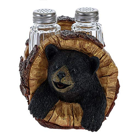 Black Bear Salt and Pepper Shakers - Blackbear in a Log Spices and Seasonings Set Table Decor - Glass Salt and Pepper Shakers Rustic Wilderness Home Decor - Salt and Pepper Table Set