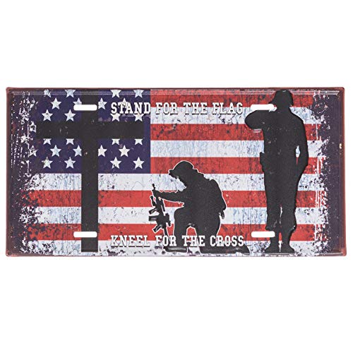 Stand For The Flag Kneel For The Cross Embossed License Plate - Fallen Soldier United States Flag License Plate - Patriotic License Plate Frame - Military Front License Plate Decorative