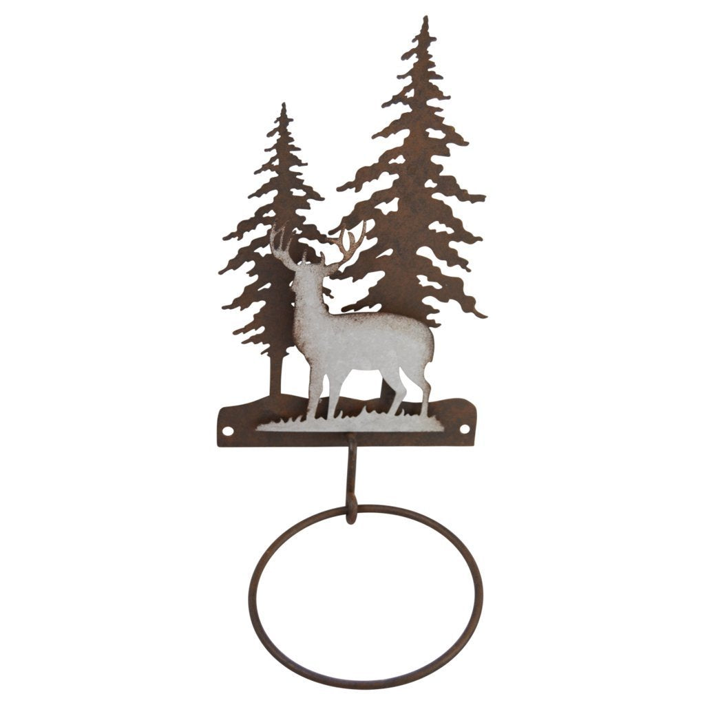 Pine Ridge 3-D Deer Scene Metal Single Hand Towel Holder - Western Decorative Wall Mount Holder For Kitchen, Washroom, Toilet and Bathroom