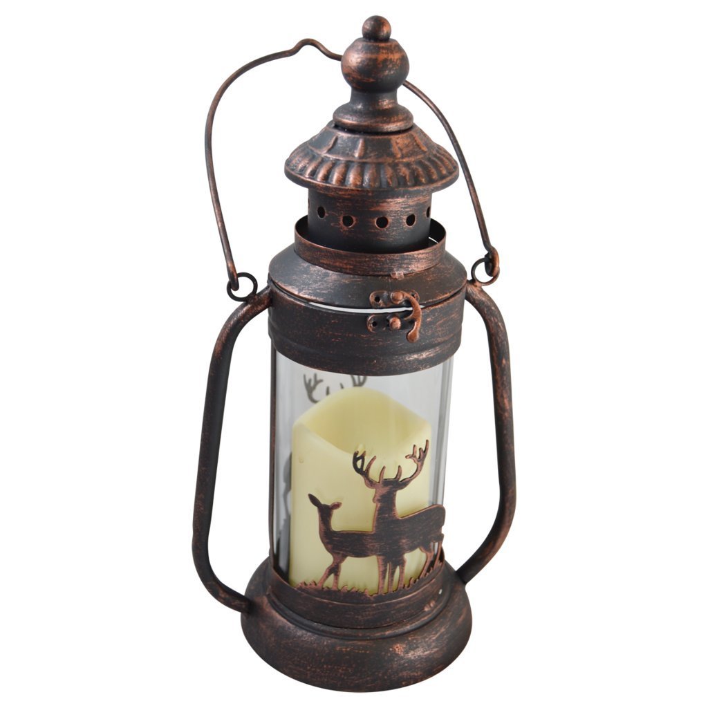 Deer LED Candle Lantern Lights Decorative - Metal Round Holder Tabletop & Hanging Lantern for Indoor Outdoor by Pine Ridge | 3AAA Rechargeable Battery Operated | Flameless Decor Halloween & Christmas
