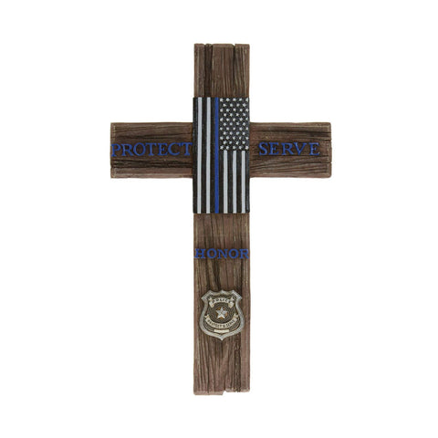 American Flag Police and Fire - Decorative Family Crosses Wall Decor Police Flag Accessories - Police Flag Sign Wall Hanging Cross Special Police Badge Cross Wall Hanging Home Decor (Protect & Serve)