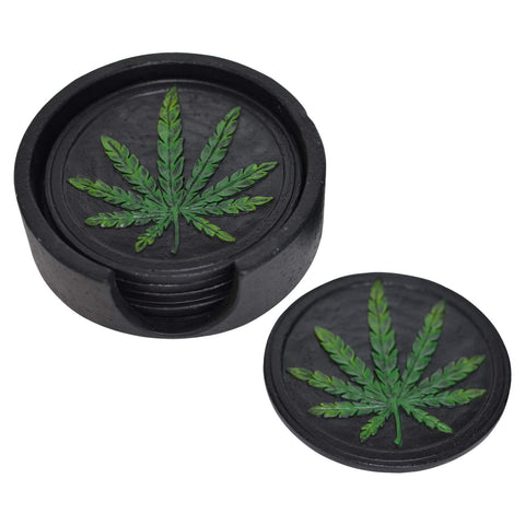 Pine Ridge Medical Marijuana Pot Leaf Coaster Set - Bar Accessories Coasters For Drinks, Set Of 5 Coasters And Holder, Unique Modern Coffee Cup Coaster Gift Idea For Home Decor