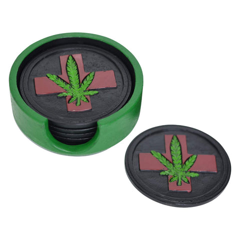 Pine Ridge Marijuana Pot Leaf Coaster Set - Bar Accessories Coasters For Drinks, Set Of 5 Coasters And Holder, Unique Modern Coffee Cup Coaster Gift Idea For Home Decor