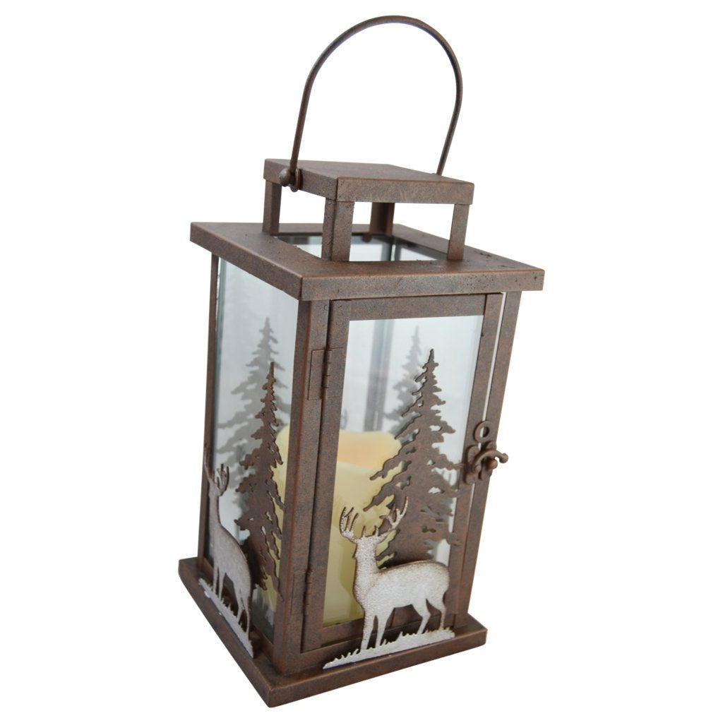 Deer LED Candle Lantern Lights Decorative - Metal Square Holder Table top & Hanging Lantern for Indoor Outdoor by Pine Ridge | 3AAA Rechargeable Battery Operated | Flameless | Halloween and Christmas