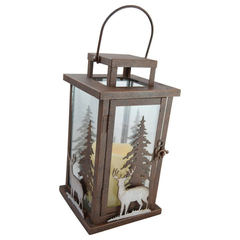 Deer LED Candle Lantern Lights Decorative - Metal Square Holder Table top & Hanging Lantern for Indoor Outdoor by Pine Ridge | 3AAA Battery Operated | Flameless | Halloween and Christmas