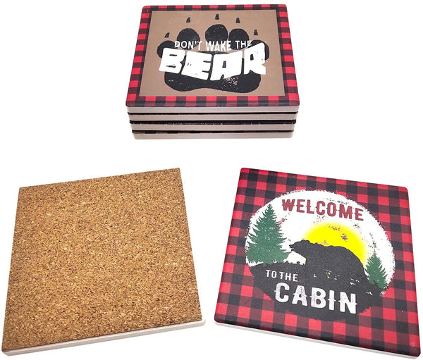 Pine Ridge Black Bear Buffalo Plaid Coasters for Drinks - Welcome to the Cabin and Don't Wake the Bear Design with Cork Pads Coaster Set of 6