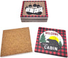 Pine Ridge Black Bear Buffalo Plaid Coasters for Drinks - Welcome to the Cabin and Don't Wake the Bear Design with Cork Pads Coaster Set of 6