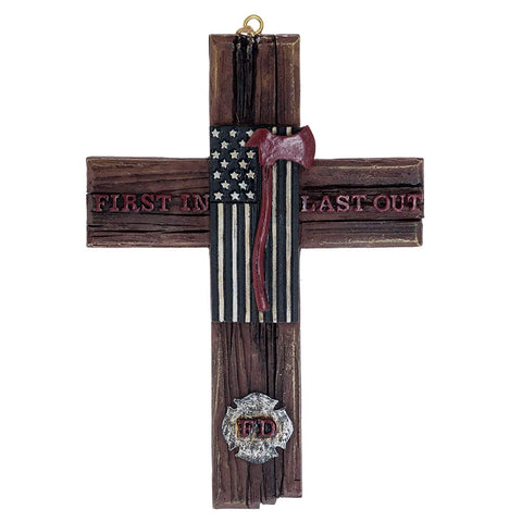 Pine Ridge Fireman Wall Cross - Cross Decor For Wall, American Flag Inspirational Cross, First In Last Out Cross, 4 X 6 Inches