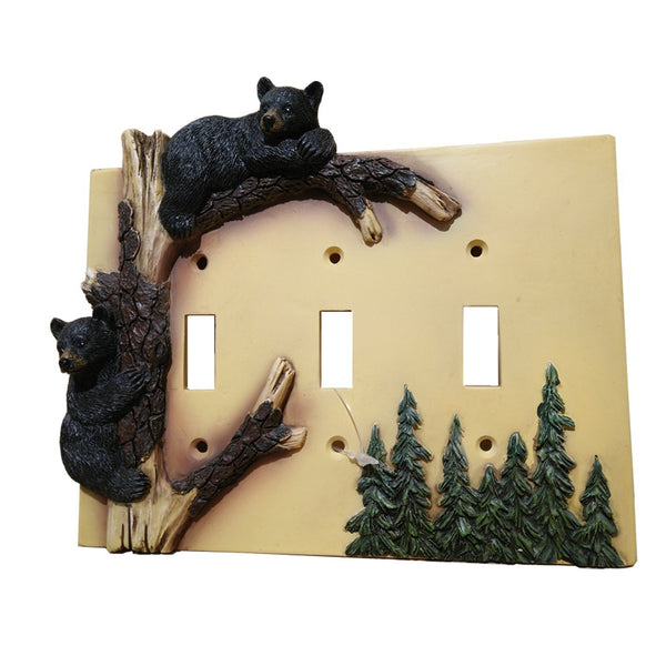 Black Bear Triple Switch Cover Home Decor - Wildlife Bear Climbing Tree Rustic Hunting with Wall Mounting Screws