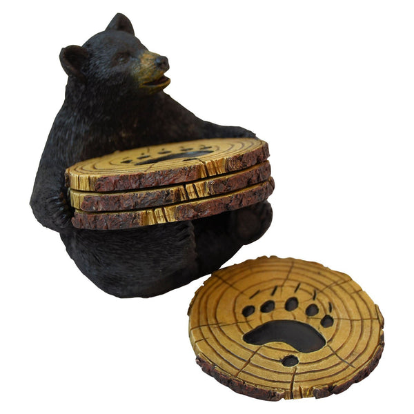 Black Bear Drink Set of 4 Coasters with Rubber Pad Base