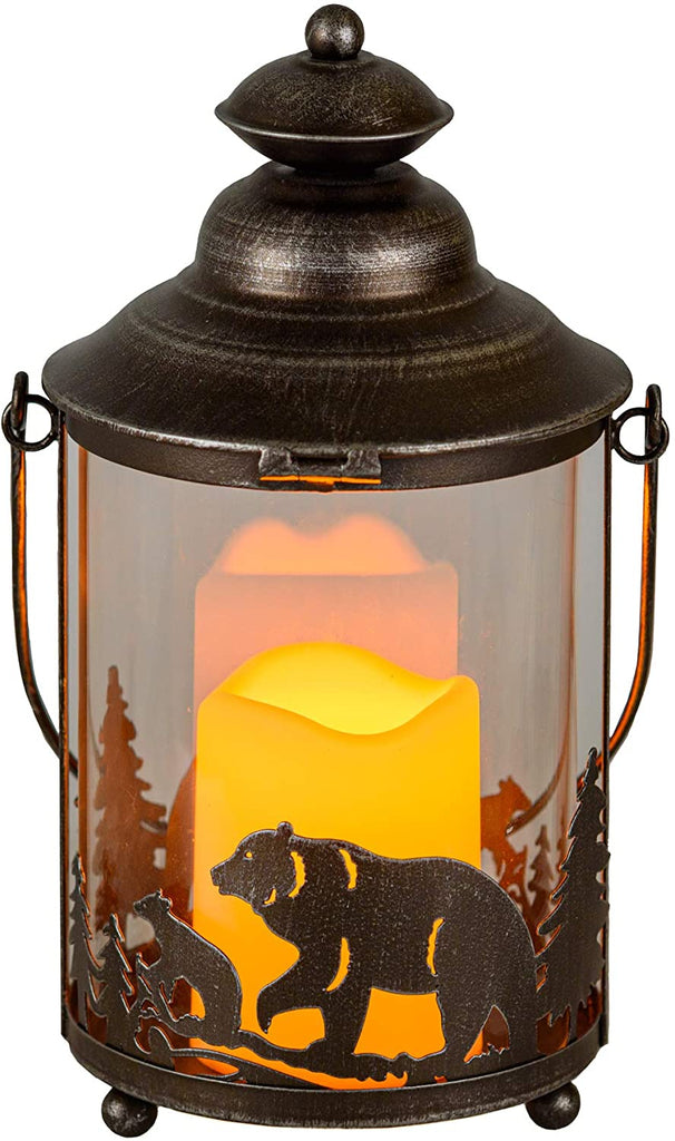 Bear LED Candle Lantern Lights Decorative - LG Round Glass Holder Table top & Hanging Lantern for Indoor Outdoor by Pine Ridge | 3AAA Battery Operated | Flameless | Halloween and Christmas