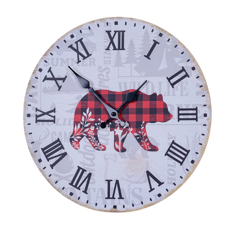 Pine Ridge Plaid Bear Clock - Rustic Wall Decor Clock, For Bedroom, Kitchen, Office Or Living Room
