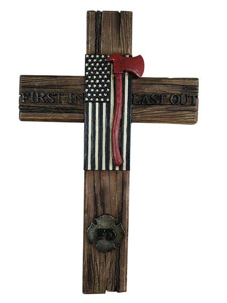FD First In Last Out Wall Hanging Cross Wall Decor by Pine Ridge - American Flag with Ax Decorative Catholic Family Crucifix For The Wall - Unique Home Decor Christian Gifts