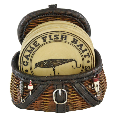 Fishermans Fishing Creel Four Piece Coaster Set With Fishing Basket Base