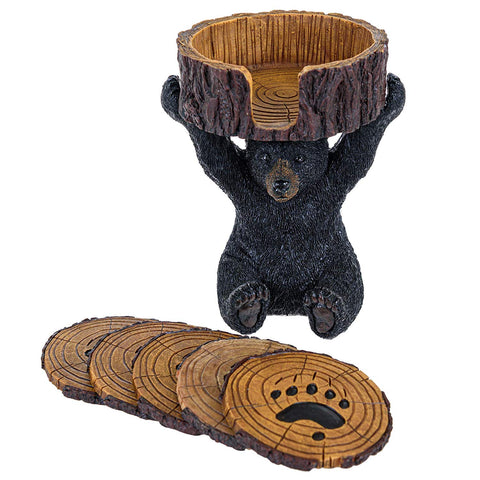 Black Bear Coasters Set - Coasters with Holder Rustic Home Decorations - Home Bar Accessories and Decor Bear Gifts Vintage Drink Coasters - Bear Items Coffee Table Decor Kitchen