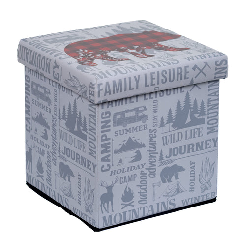 Pine Ridge Collapsible Storage Ottoman Plaid Bear - Foot Rest Stool, Folding Toy Chest, Compact Cube With Lid